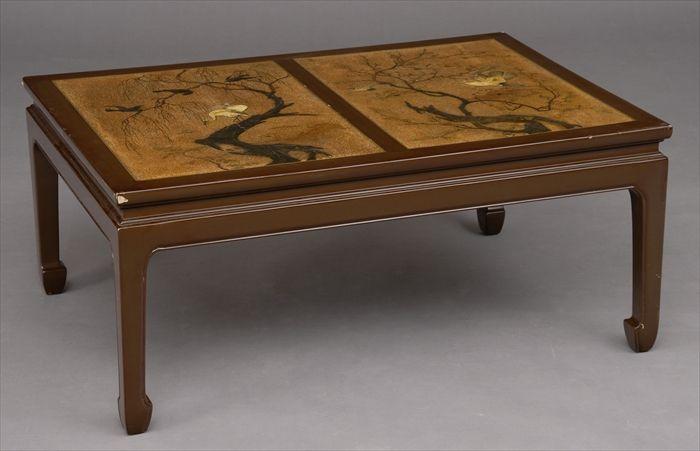 Appraisal: Chinoiserie Brown Lacquer Low Table Fitted with Two Japanese Lacquer