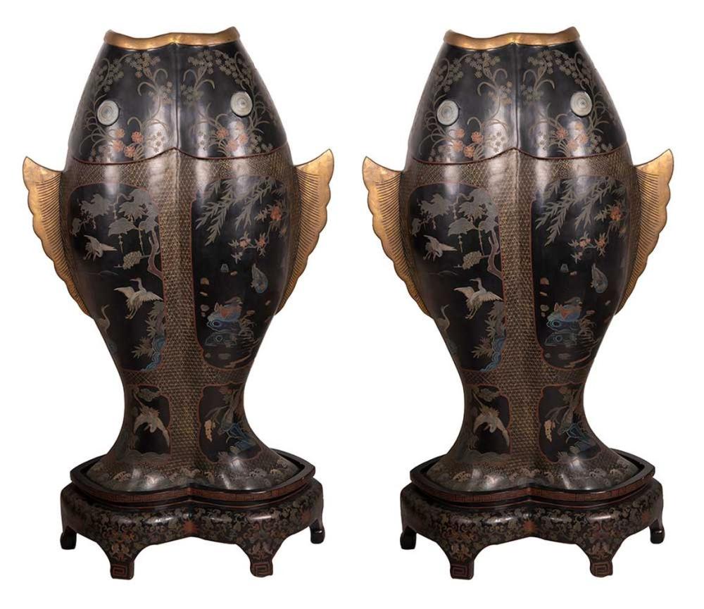 Appraisal: PAIR OF CHINESE LACQUERED POLYCHROME FISH URNSfish measuring inches high