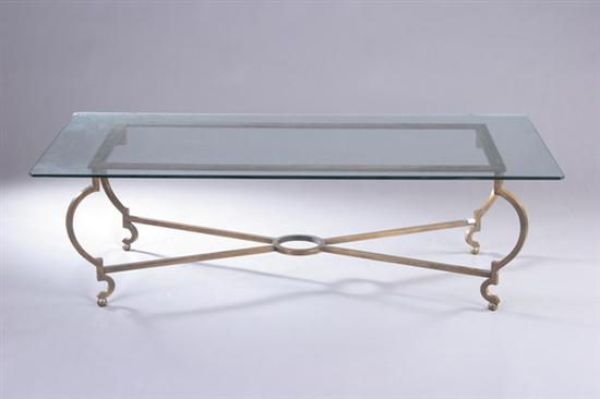 Appraisal: MODERN GLASS-TOP BRONZE LOW TABLE late th century Double C-scroll