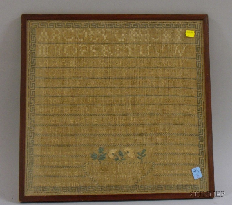 Appraisal: Framed th Century Sarah Jane Burnham Needlework Sampler c with