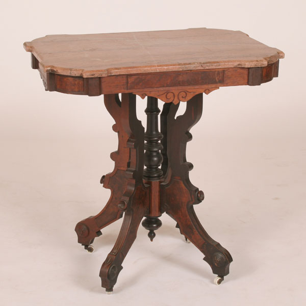 Appraisal: Victorian walnut marble top lamp table burled accents and carved