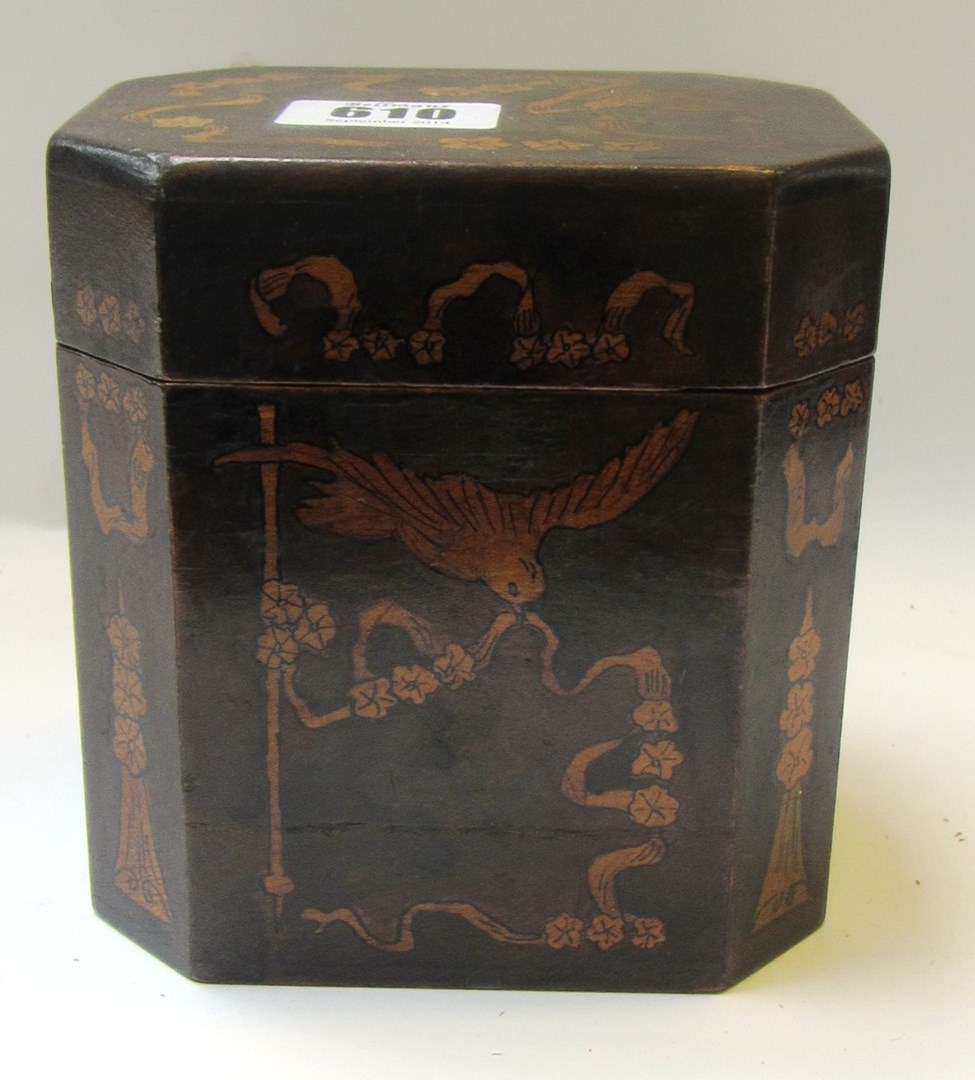 Appraisal: A marquetry inlaid stained beech tea caddy of canted square