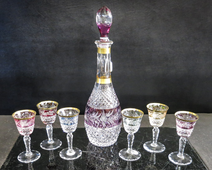 Appraisal: BOHEMIAN GLASS DECANTER WITH SIX CORDIALS all with gilt edges