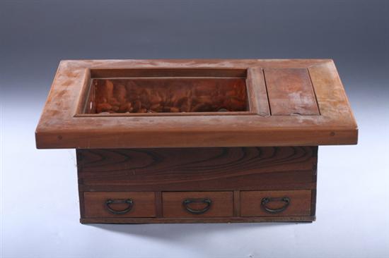 Appraisal: JAPANESE HIBACHI With copper insert above three drawers - in