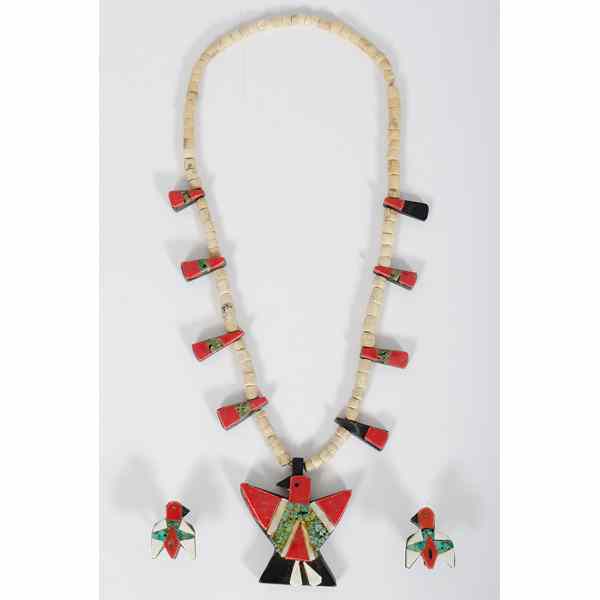 Appraisal: Santo Domingo Record Back Necklace and Earrings with gypsum beads