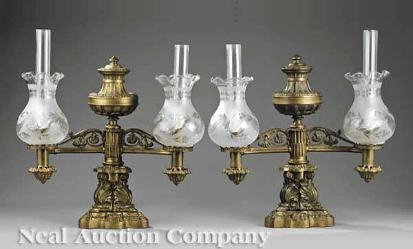 Appraisal: A Pair of Patinated Bronze Two-Light Argand Lamps c attributed