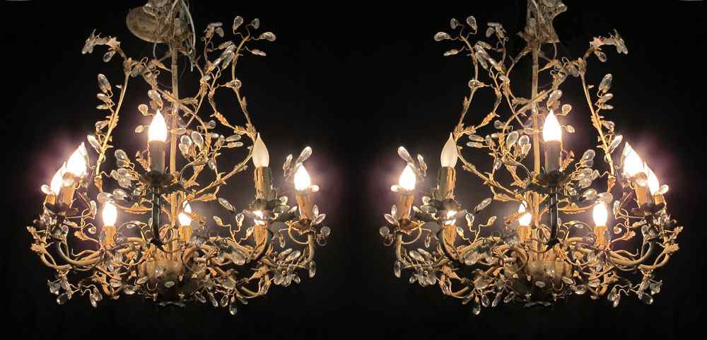 Appraisal: PAIR OF GILT METAL CHANDELIERS Contemporary shabby chic painted metal