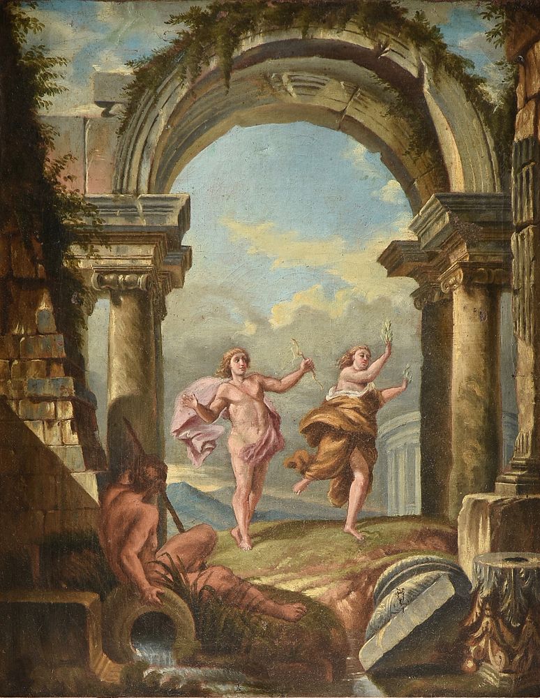 Appraisal: ITALIAN SCHOOL A CAPRICCIO PAINTING Peneus Transforming Daphne Fleeing from