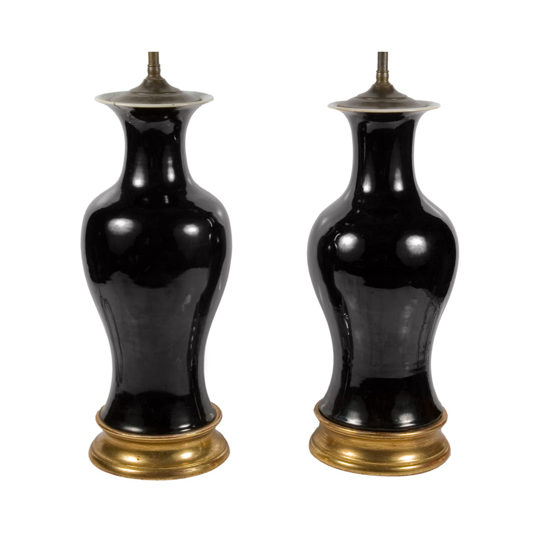 Appraisal: Pair of Chinese Black Glazed Porcelain Lamps Height inches