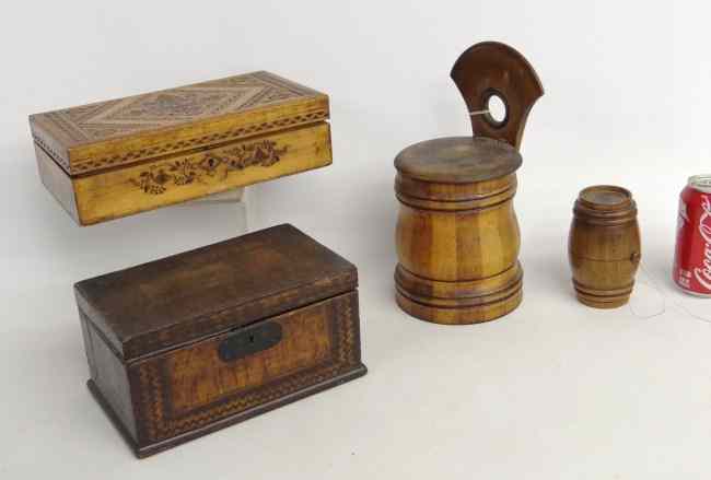 Appraisal: Lot misc woodenware including early carved box inlaid box variegated