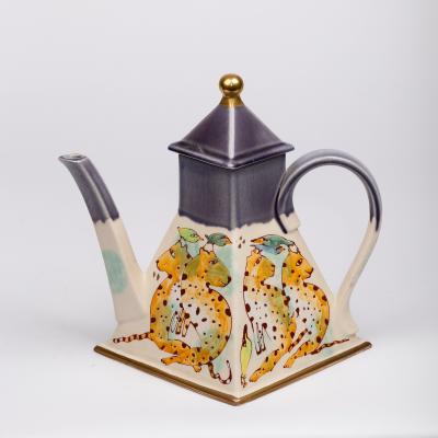 Appraisal: Roger Michell - Leopard Teapot a handpainted porcelain square form