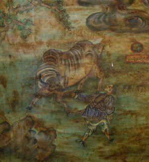 Appraisal: Oriental school th century- Man leading an Ox overpainted print