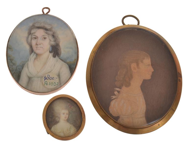 Appraisal: THREE HAND PAINTED PORTRAIT MINIATURES TWO WITH GOLD SURROUNDS AND