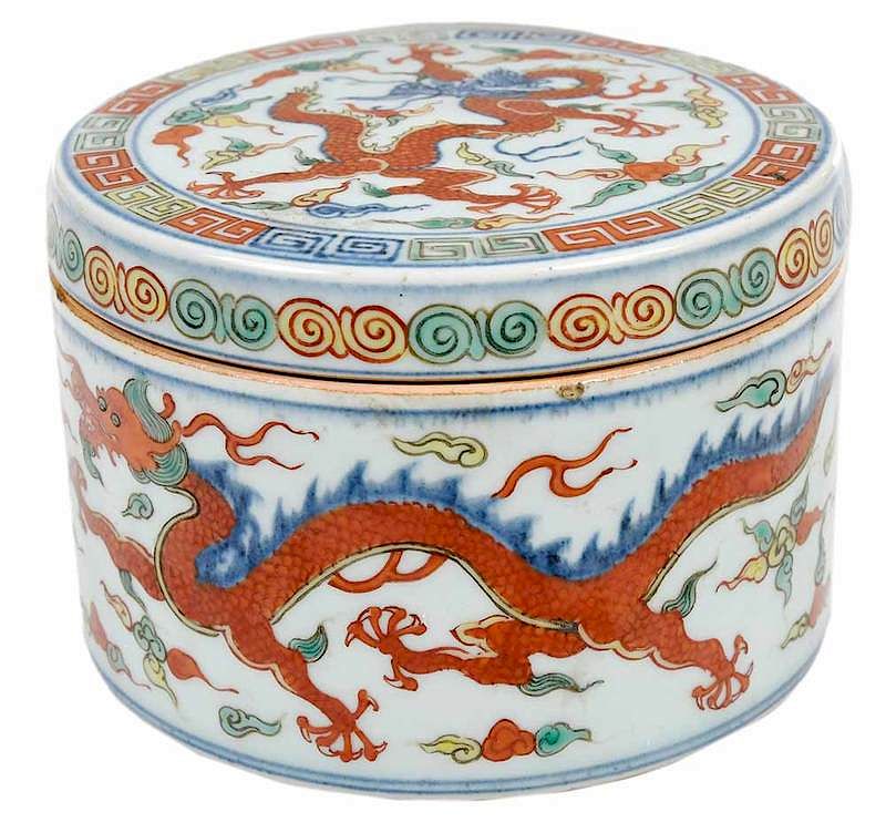 Appraisal: Chinese Round Covered Box Chinese with dragons chasing flaming pearl