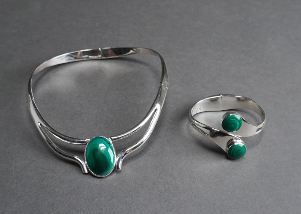 Appraisal: STERLING SILVER AND MALACHITE NECKLACE AND BRACELETSterling Silver and Malachite