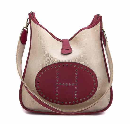 Appraisal: An Hermes 'Evelyne' Red Calf and Natural Linen Bag with