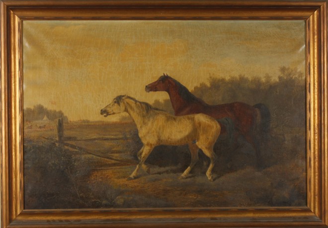 Appraisal: Pair of calvary horses with American military encampment in distance