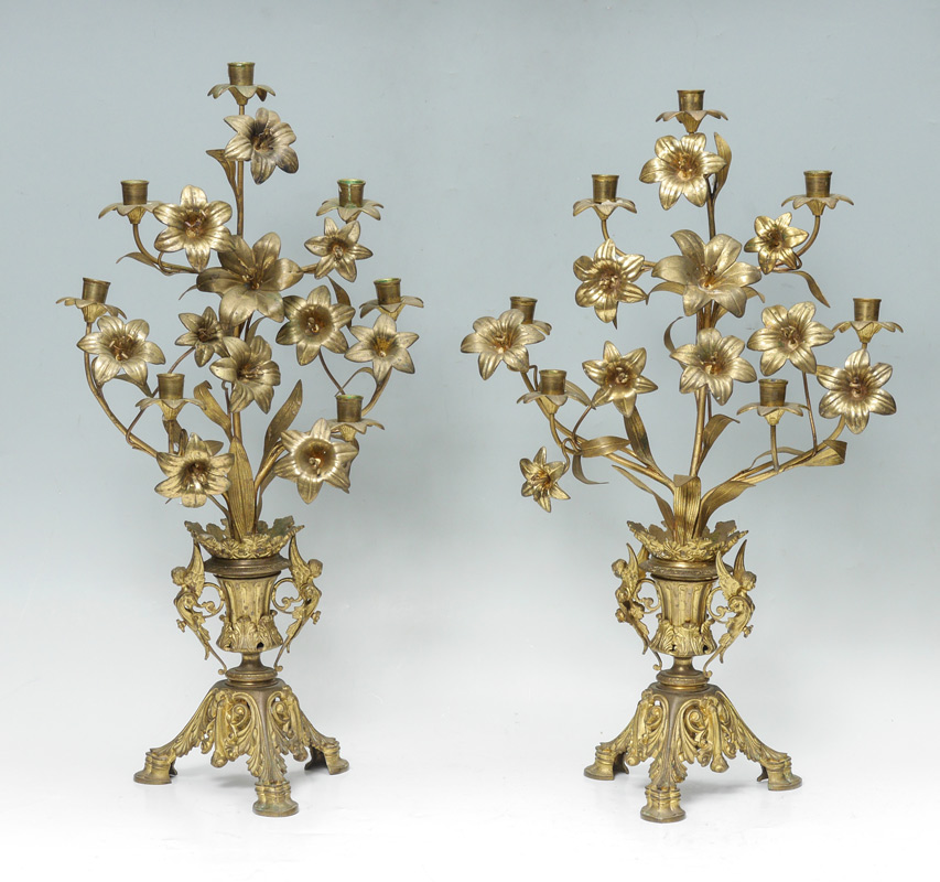 Appraisal: PAIR GILT METAL FLORAL CANDELABRA French style gilt mixed metal