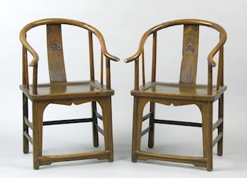 Appraisal: A Pair of Chinese Temple Chairs Both horse-shoe back chairs