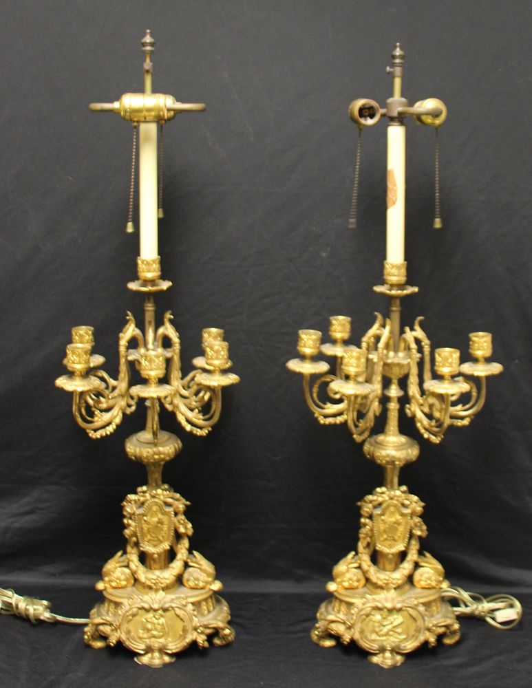 Appraisal: Pair Of Fine Quality Antique Gilt Bronze Candlebra Lamps From