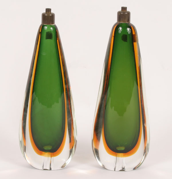 Appraisal: Pair Seguso glass lamp bases cased glass drilled bodies and