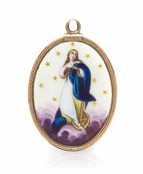 Appraisal: An Antique Yellow Gold and Polychrome Enamel St Mary Pendant