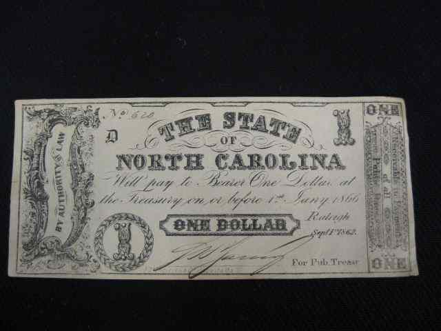 Appraisal: North Carolina Civil War Note issue Sept Raleigh number nice