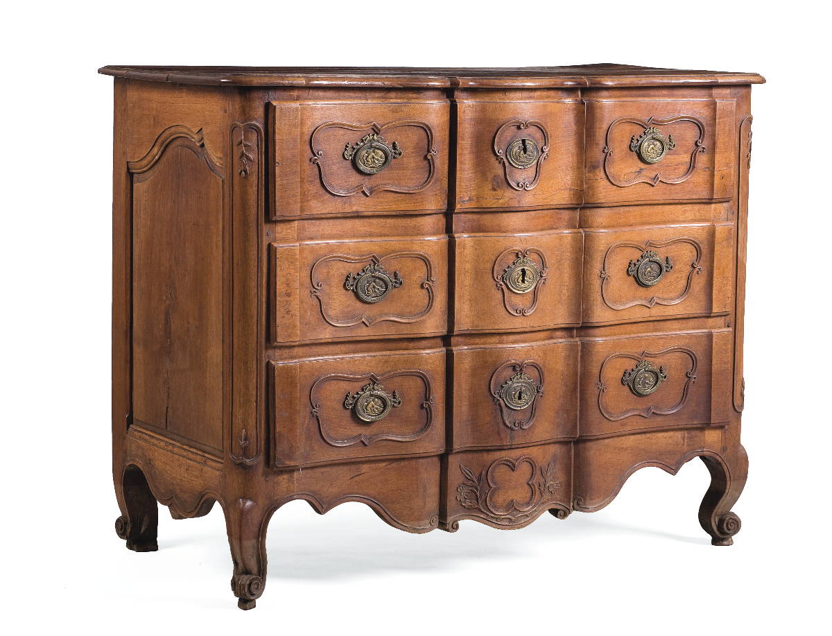 Appraisal: LOUIS XV CARVED WALNUT COMMODE The top with serpentine front