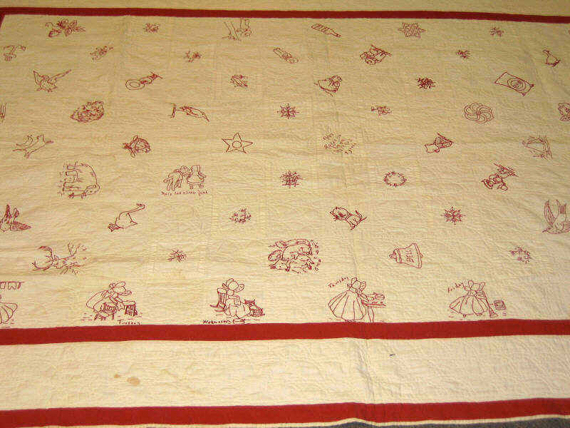 Appraisal: AMERICAN CHILD'S FRIENDSHIP QUILT Red embroidered nursery rhyme figures on