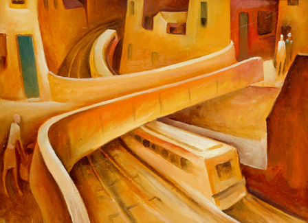 Appraisal: Bill Coleman - Urban Landscape with Train oil on board