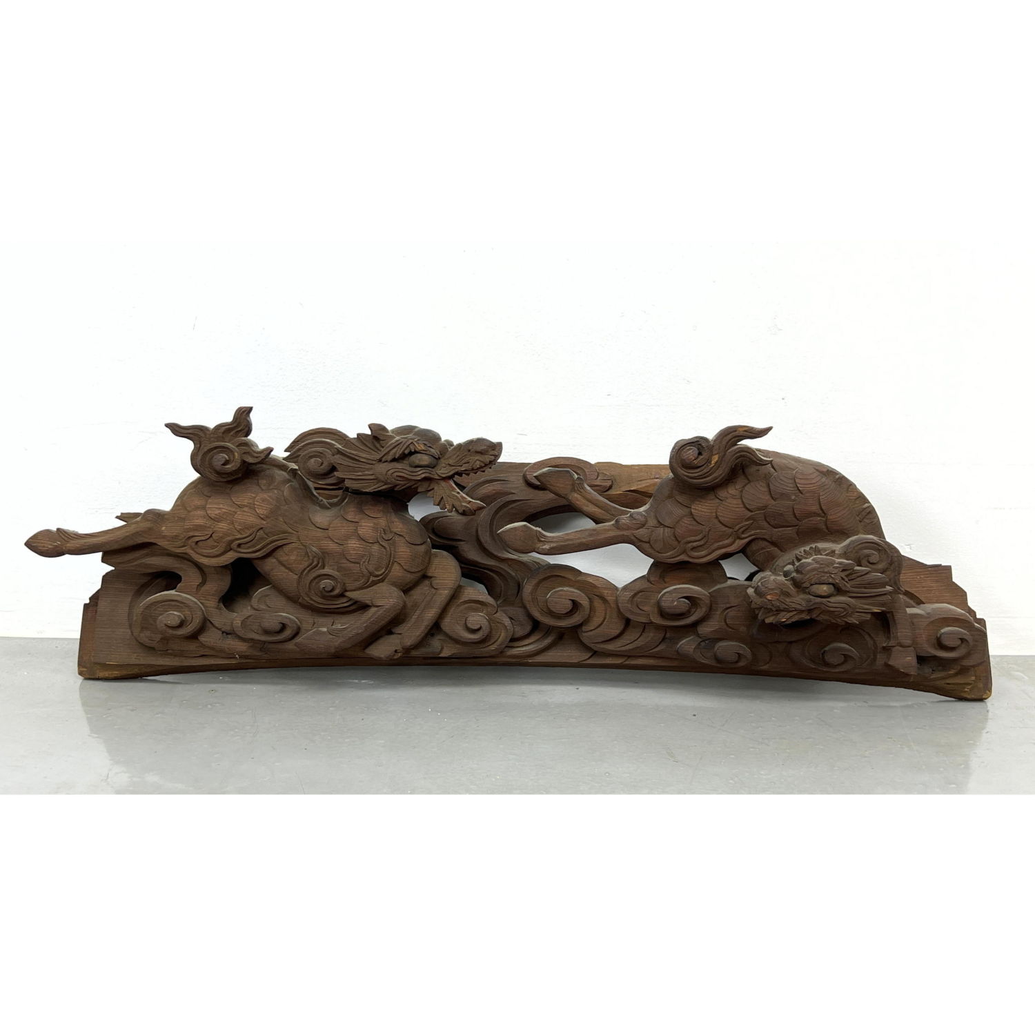 Appraisal: Deep Relief Carved Wood Sculptural Figural Plaque Chinese Mythological Monster