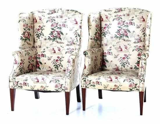 Appraisal: Near pair Federal style upholstered mahogany wingback chairs curved crest