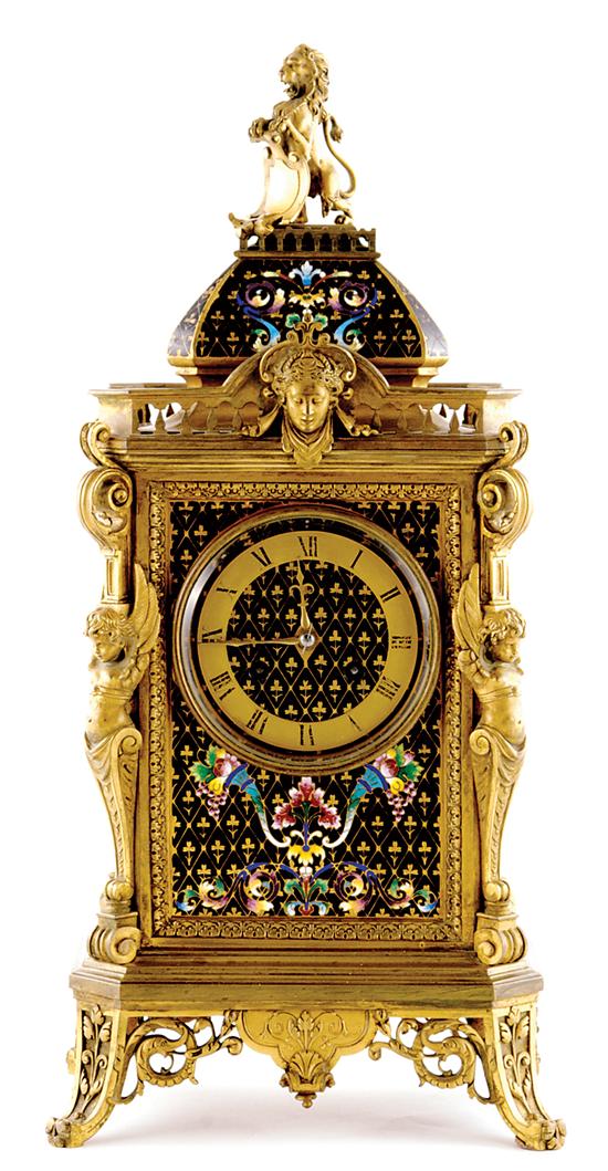 Appraisal: French bronze and cloisonne mantel clock circa full-bodied lion finial