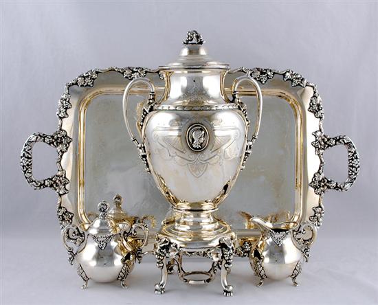 Appraisal: Silverplated tea serving items hot water kettle on stand H