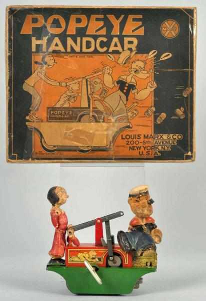 Appraisal: Tin Litho Marx Popeye Handcar Wind-Up Toy American Working Handcar