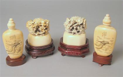 Appraisal: Pair of Chinese elephant ivory seals and snuff bottles th