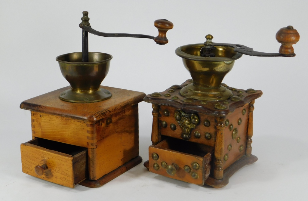 Appraisal: PC WOOD BRASS TABLE TOP COFFEE MILL GRINDERS United States