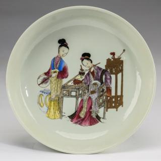 Appraisal: Chinese shallow bowl with two beauties w Chinese polychrome decorated