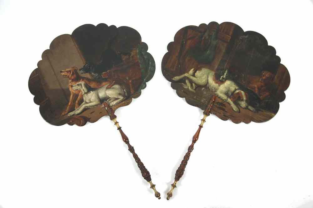 Appraisal: PAIR PAINTED HAND FANS - Pair English Hand Fans ca