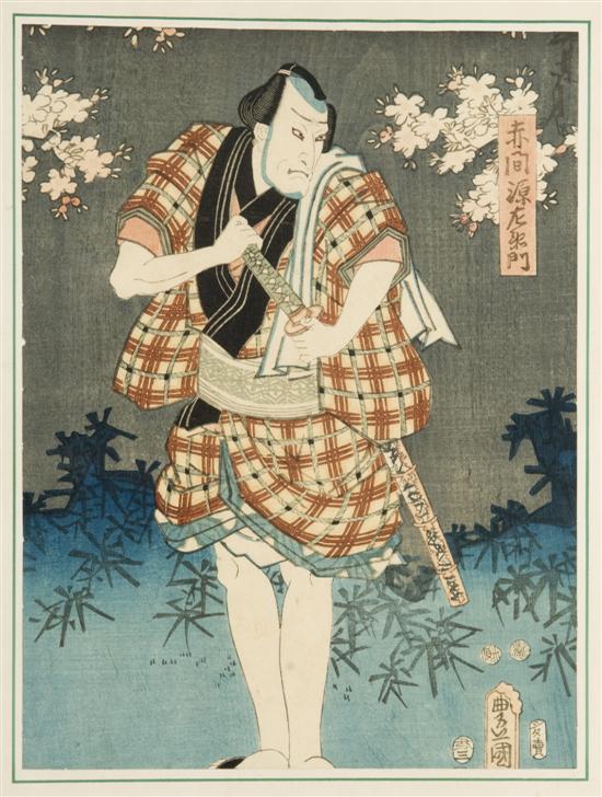 Appraisal: Toyokuni Color woodblock of a man with a sword c