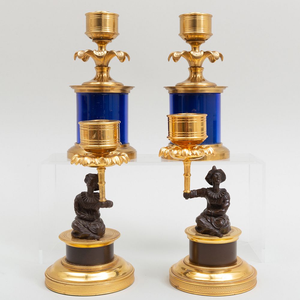 Appraisal: Pair of Chinoiserie Parcel-Gilt Candlesticks and a Pair of Blue