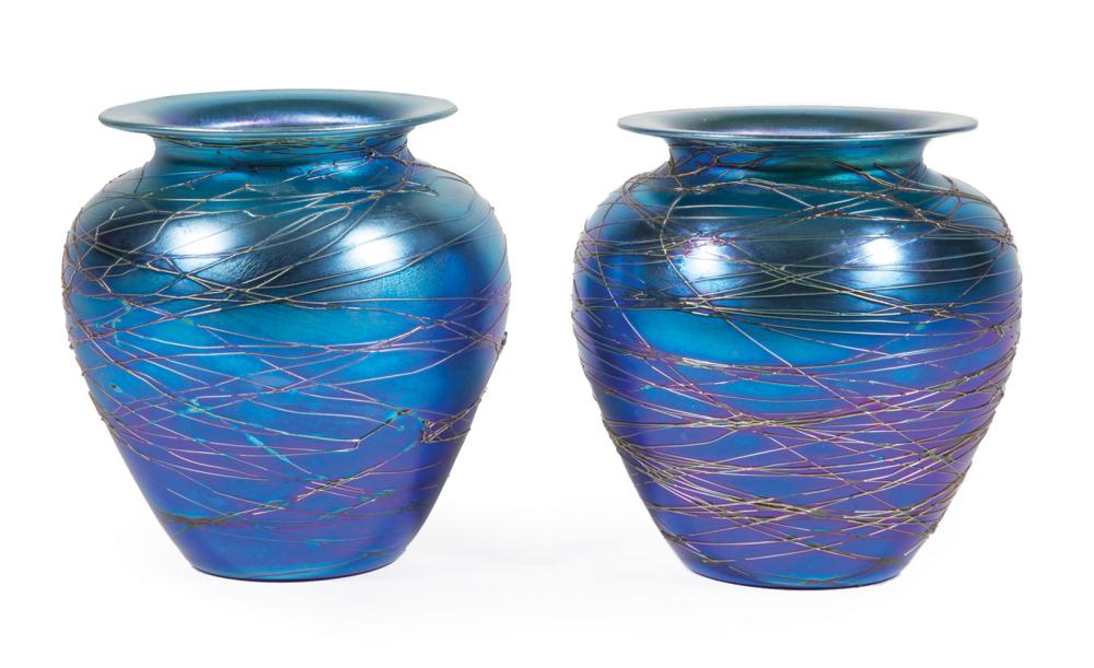 Appraisal: Pair of Durand Threaded Blue Glass Vases early th c