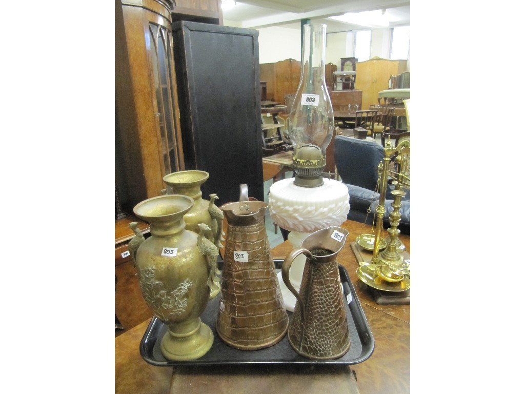 Appraisal: Opaque glass oil lamp two copper jugs and a pair