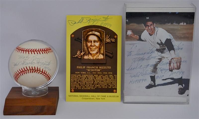 Appraisal: PHIL HOLY COW RIZZUTO AUTOGRAPHED BASEBALL PHOTO Phil Rizzuto New