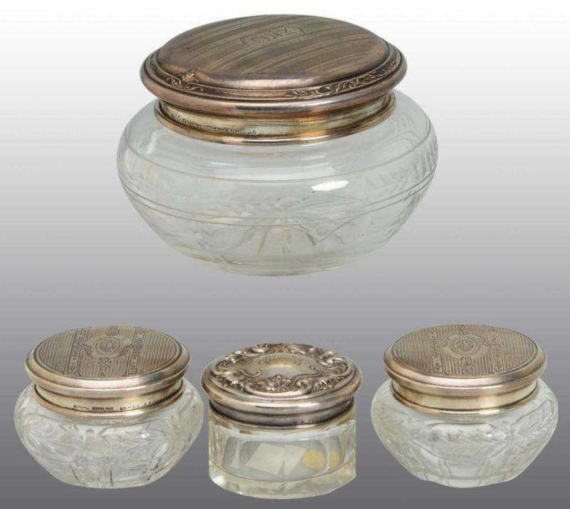 Appraisal: Lot of Cut Glass Jars with Sterling Lids Description All