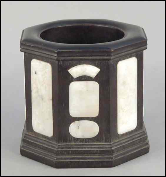 Appraisal: CHINESE HARDWOOD BRUSH POT Mounted with white jade panels throughout