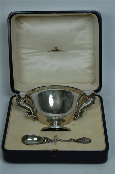 Appraisal: A modern cased twin handled bowl and spoon London retailed