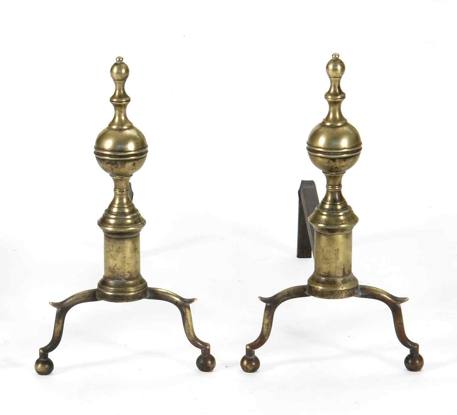 Appraisal: PAIR OF BRASS BALUSTER-TURNED ANDIRONSEarly th CenturyBall feet Height ''