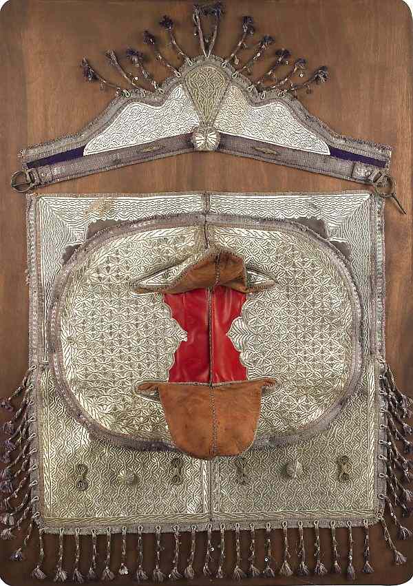 Appraisal: Moroccan metallic thread and needlework saddle panel - x