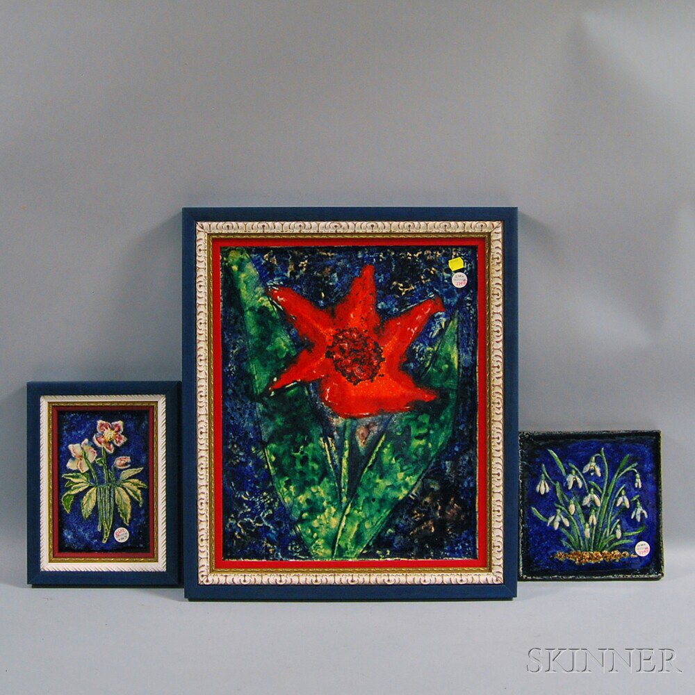 Appraisal: Three Floral Karlsruhe Tiles two framed ht to wd to